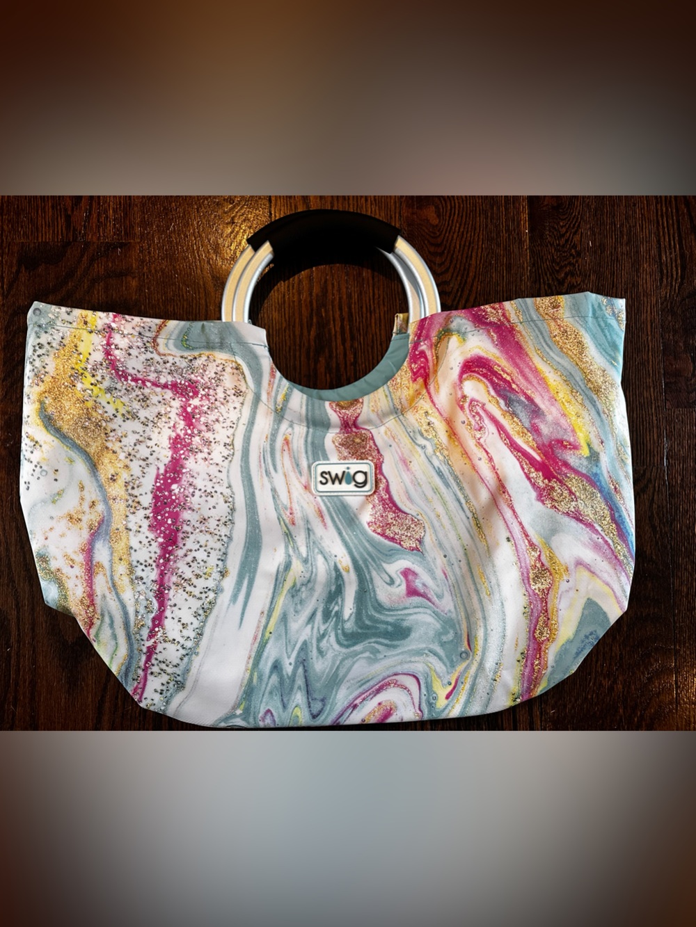 SWIG Marbled Pink & Teal Tote Bag with Gold Accents
